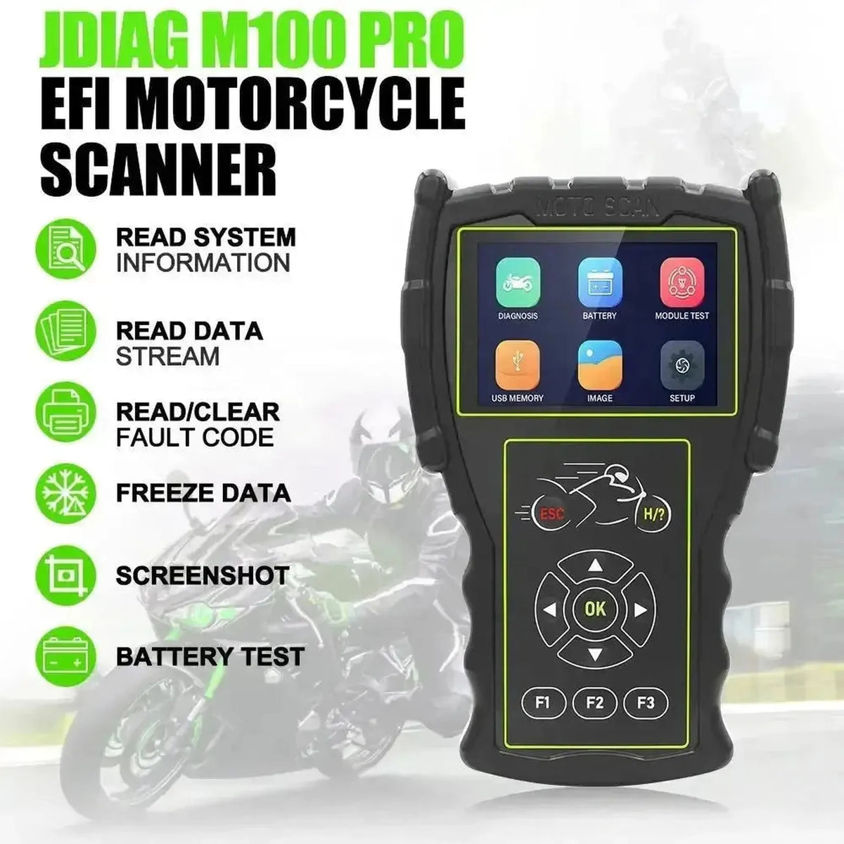 JDiag M100 Pro motociklo diagnostikos aparatas