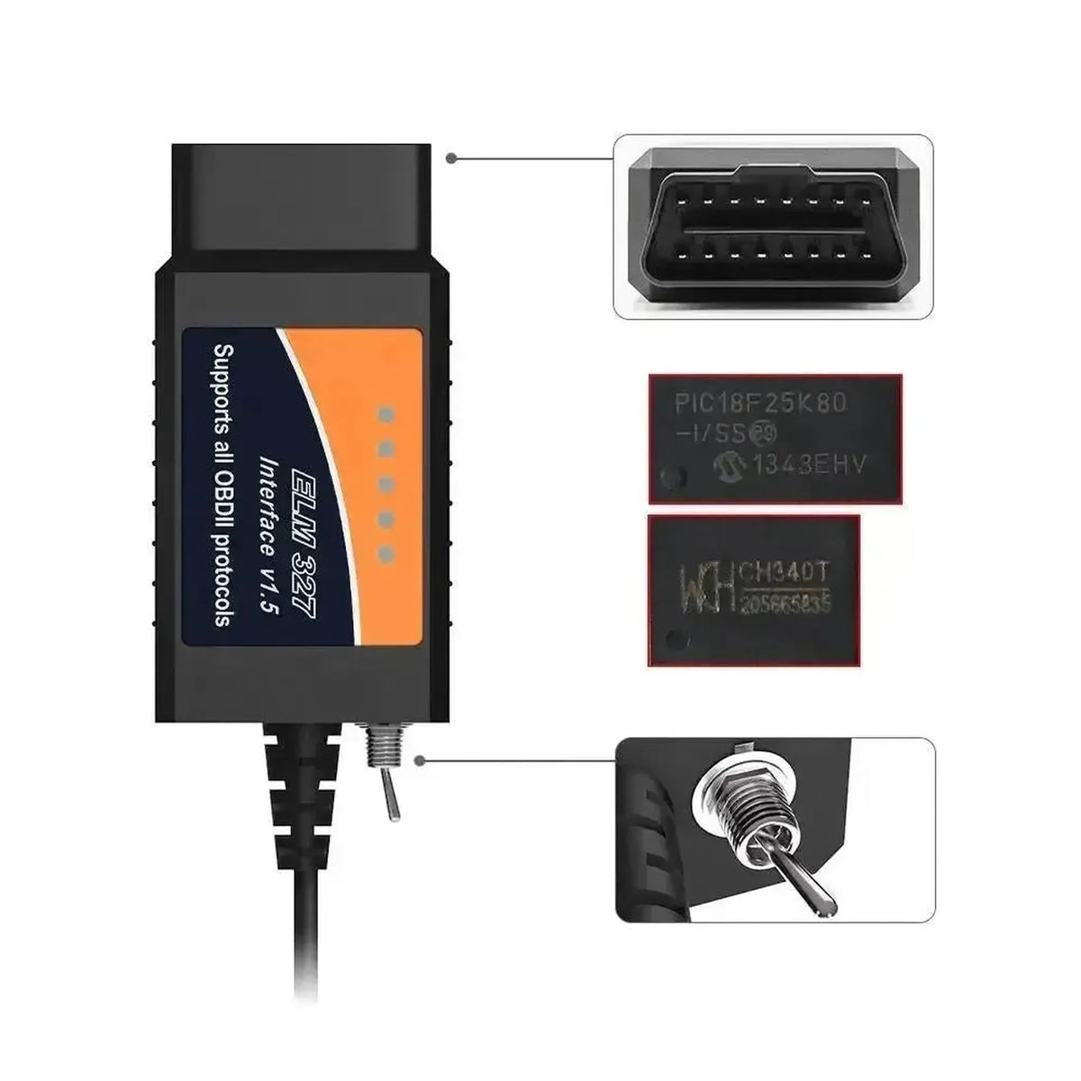 Universali ELM327 (FT232RL) (HS/MS-CAN jungiklis) | USB-sąsajos kabelis